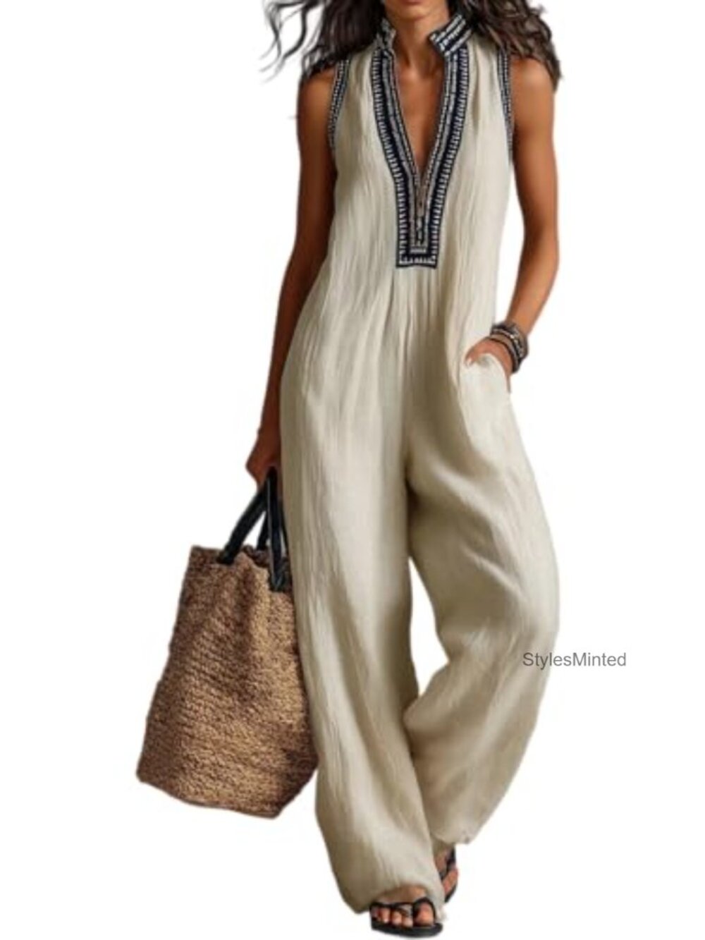 Sleeveless Linen Jumpsuit Wide Leg Zip Mock Neck One-Piece